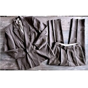 VTG John Henry Men's 2PC Suit Double Breasted Brown Gray Classic Fit 44L 34x34